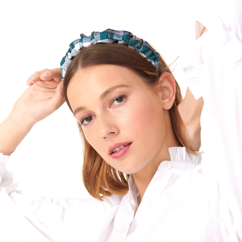 New! J Crew Scrunchie Headband Navy Blue Green Plaid NWT